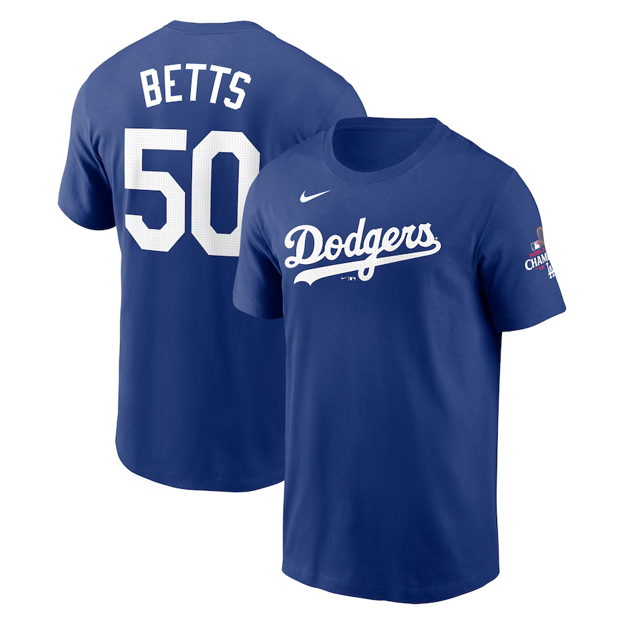 Men Los Angeles Dodgers 50 Betts 2024 MLB World Series Champions blue T shirts